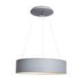 The Radiant Dual Voltage LED Pendant by Access Lighting is a modern, round gray fixture suspended from the ceiling by three thin wires, casting light downward.