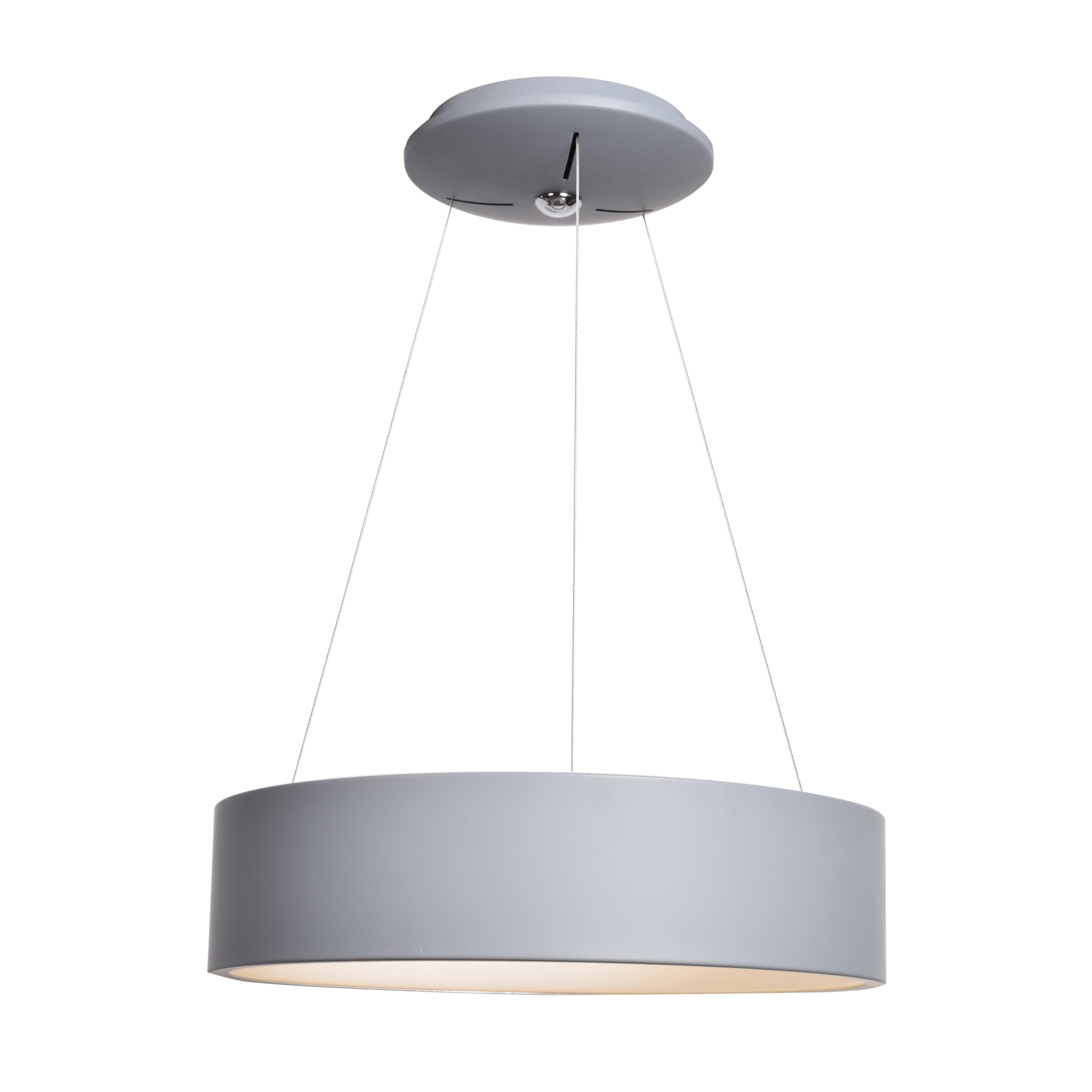 The Radiant Dual Voltage LED Pendant by Access Lighting is a modern, round gray fixture suspended from the ceiling by three thin wires, casting light downward.