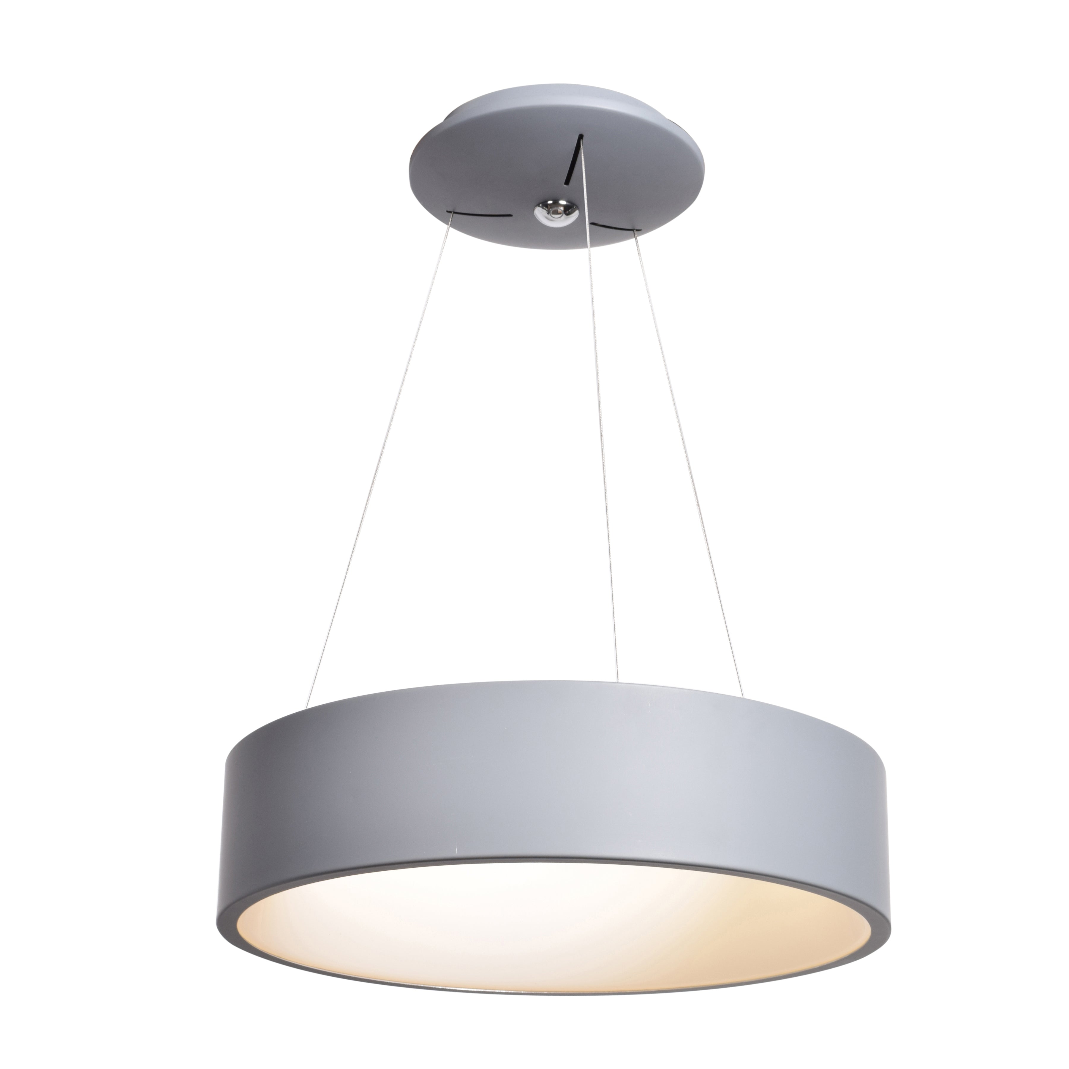 Sure! Here’s your rewritten sentence using the provided product data: The Radiant Dual Voltage LED Pendant by Access Lighting features a modern circular design with a gray shade, suspended from the ceiling by three thin wires and illuminated from below.