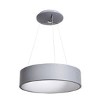 The Radiant Dual Voltage LED Pendant by Access Lighting features a modern gray drum-shaped shade suspended by three wires from a round ceiling mount.
