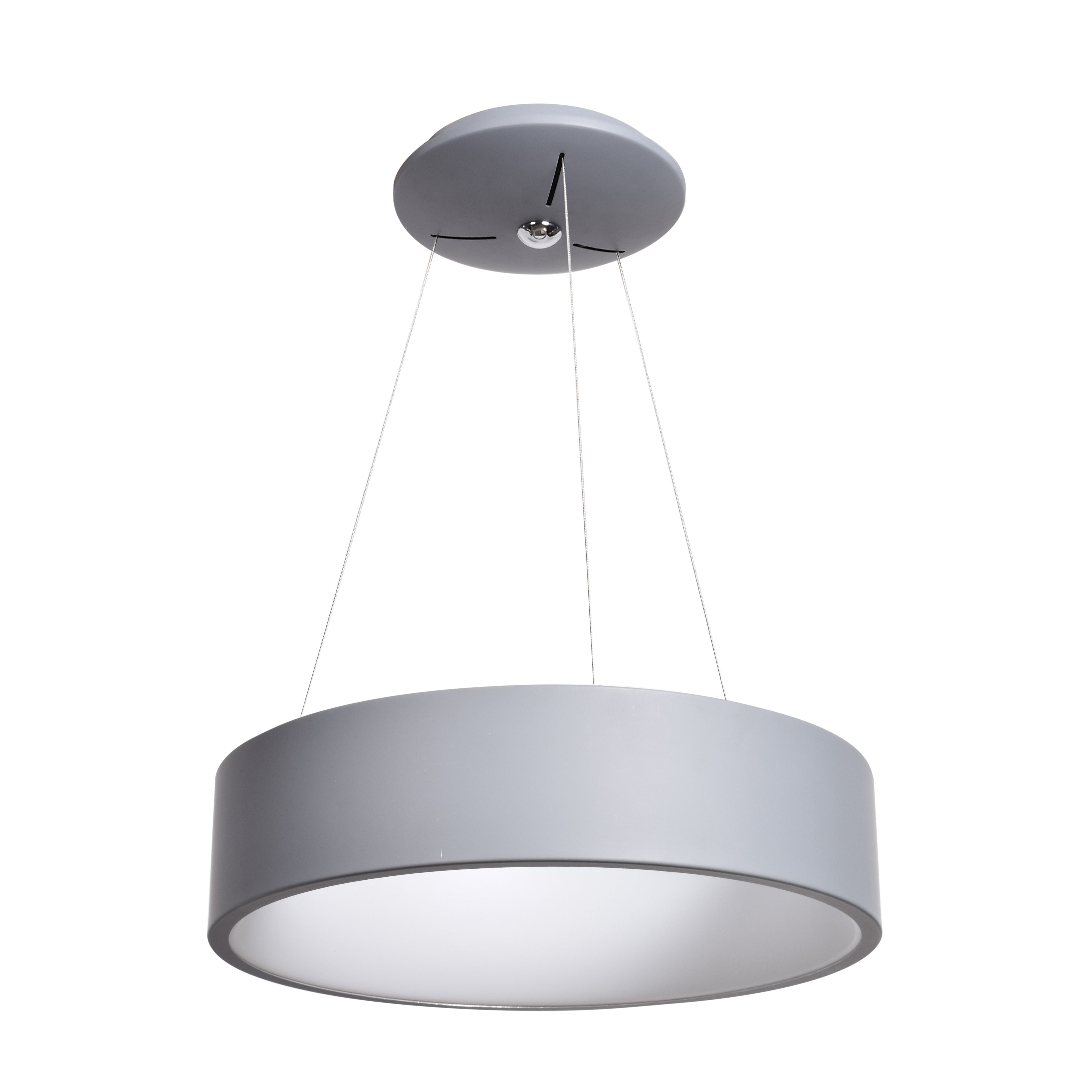 The Radiant Dual Voltage LED Pendant by Access Lighting features a modern gray drum-shaped shade suspended by three wires from a round ceiling mount.