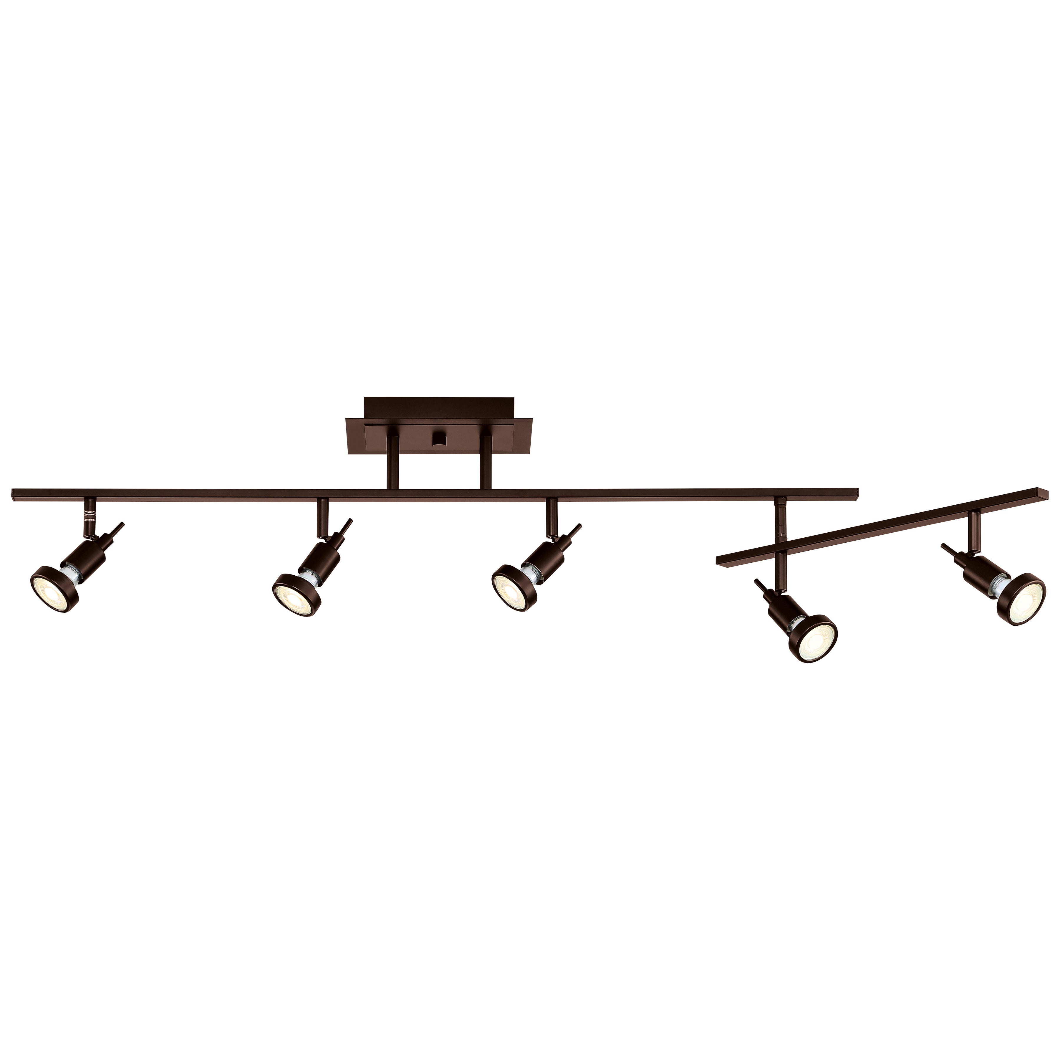 The Access Lighting Viper 5 Light Adjustable Track features a bronze finish with five adjustable spotlights mounted on two intersecting bars and attached to a square ceiling base.