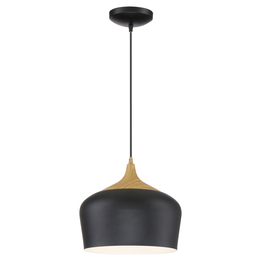 Blend Pendant by Access Lighting features a dome-shaped shade in black with wood grain, suspended from a black cord and ceiling mount.