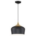 Blend Pendant by Access Lighting features a dome-shaped shade in black with wood grain, suspended from a black cord and ceiling mount.