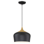 Blend Pendant by Access Lighting features a dome-shaped shade in black with wood grain, suspended from a black cord and ceiling mount.