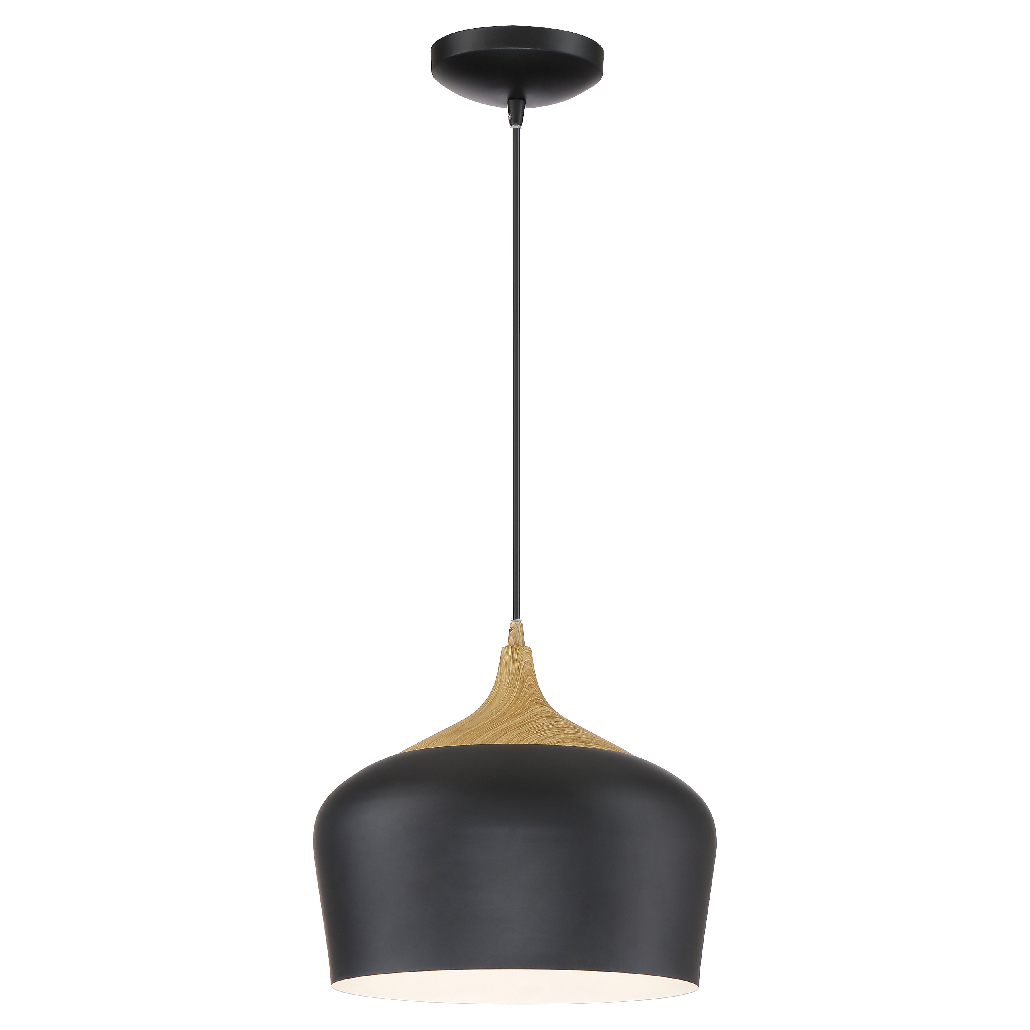 Blend Pendant by Access Lighting features a dome-shaped shade in black with wood grain, suspended from a black cord and ceiling mount.
