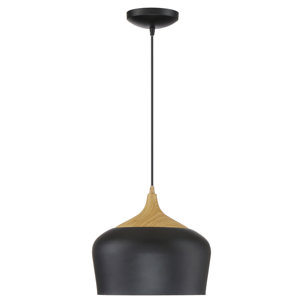 The Blend Pendant by Access Lighting features a black finish with a wood grain accent and a black cord, suspended from a round ceiling mount against a white background.