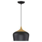 The Blend Pendant by Access Lighting features a black finish with a wood grain accent and a black cord, suspended from a round ceiling mount against a white background.