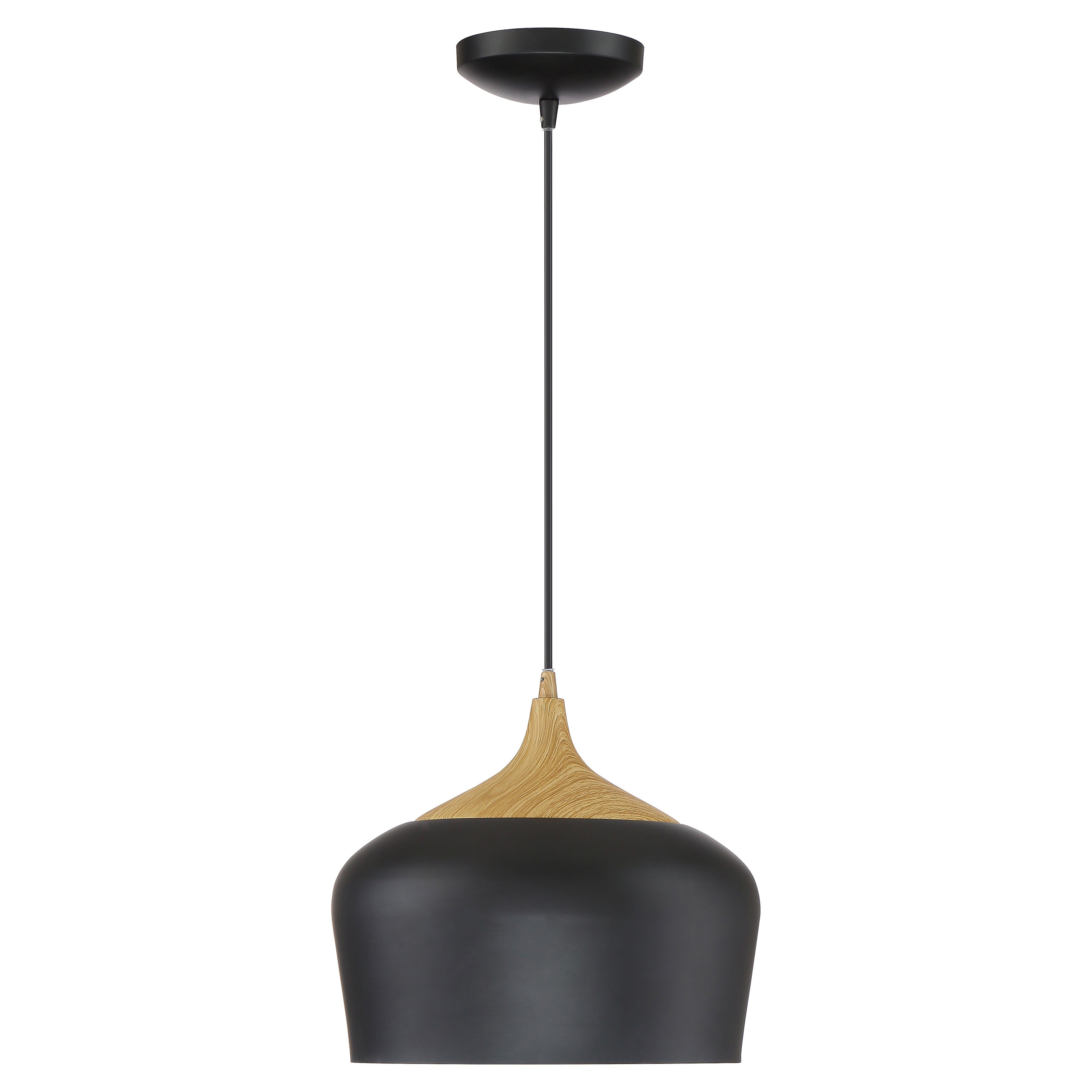 The Blend Pendant by Access Lighting features a black finish with a wood grain accent and a black cord, suspended from a round ceiling mount against a white background.