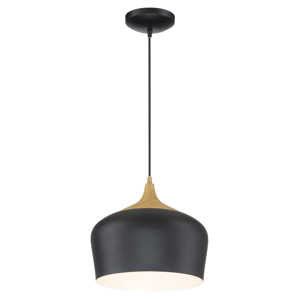 The Blend Pendant by Access Lighting features a black finish with a wood grain accent near the top and is suspended from a matching black cord and ceiling mount.