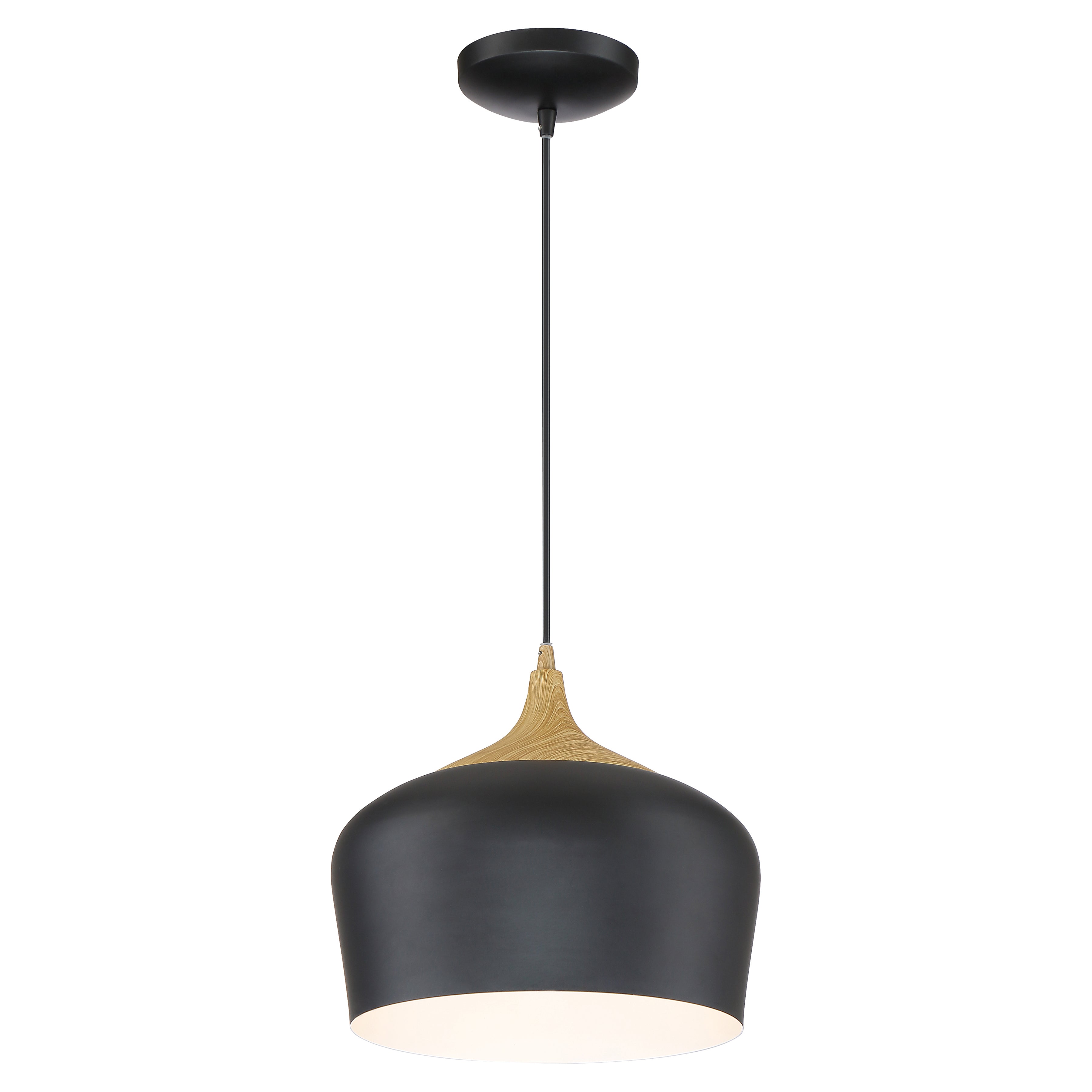 The Blend Pendant by Access Lighting features a black finish with a wood grain accent near the top and is suspended from a matching black cord and ceiling mount.