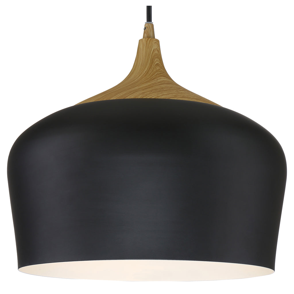 The Blend Pendant by Access Lighting features a smooth, matte black shade accented with a wood grain-textured top and is suspended from a black cord.