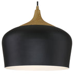 The Blend Pendant by Access Lighting features a smooth, matte black shade accented with a wood grain-textured top and is suspended from a black cord.