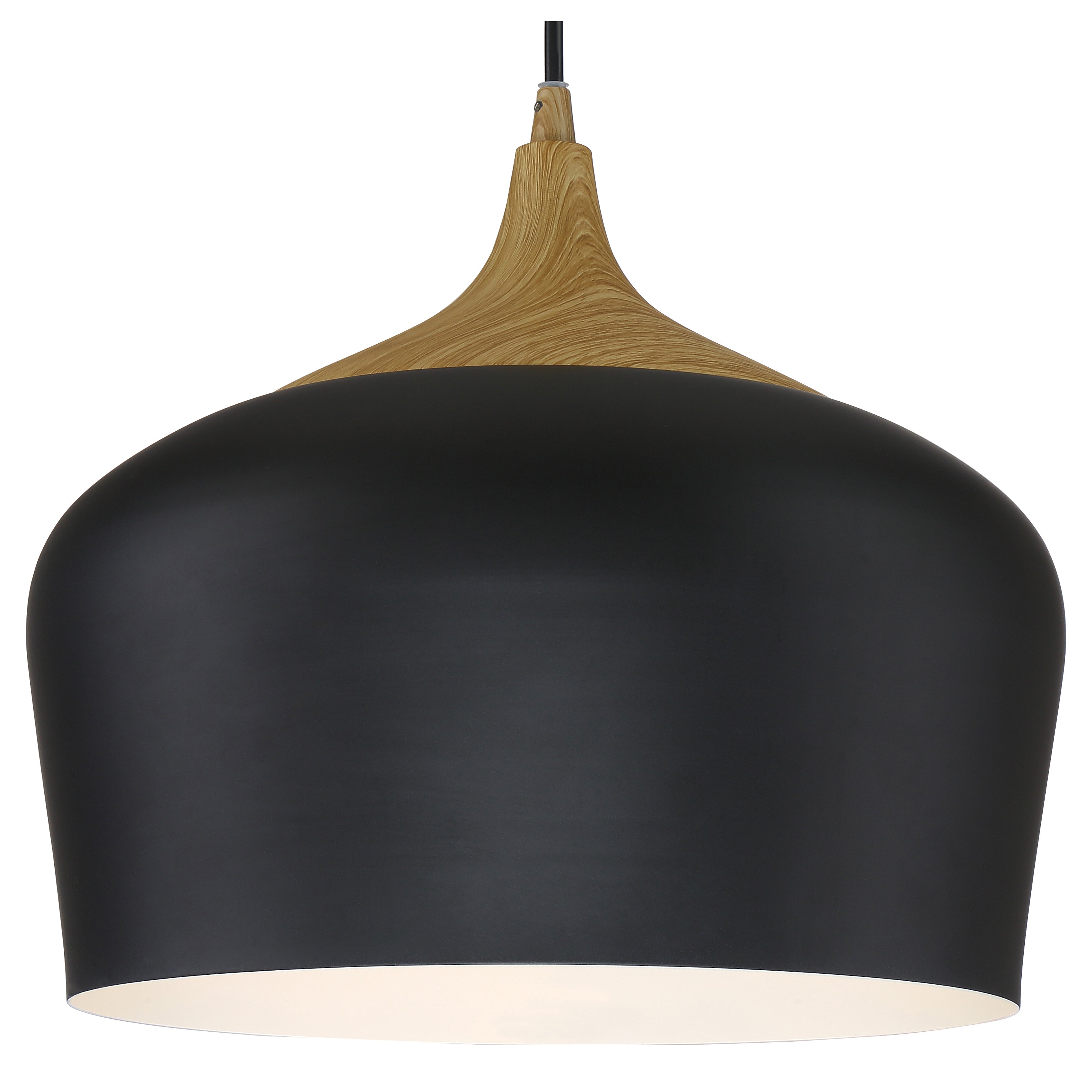 The Blend Pendant by Access Lighting features a smooth, matte black shade accented with a wood grain-textured top and is suspended from a black cord.