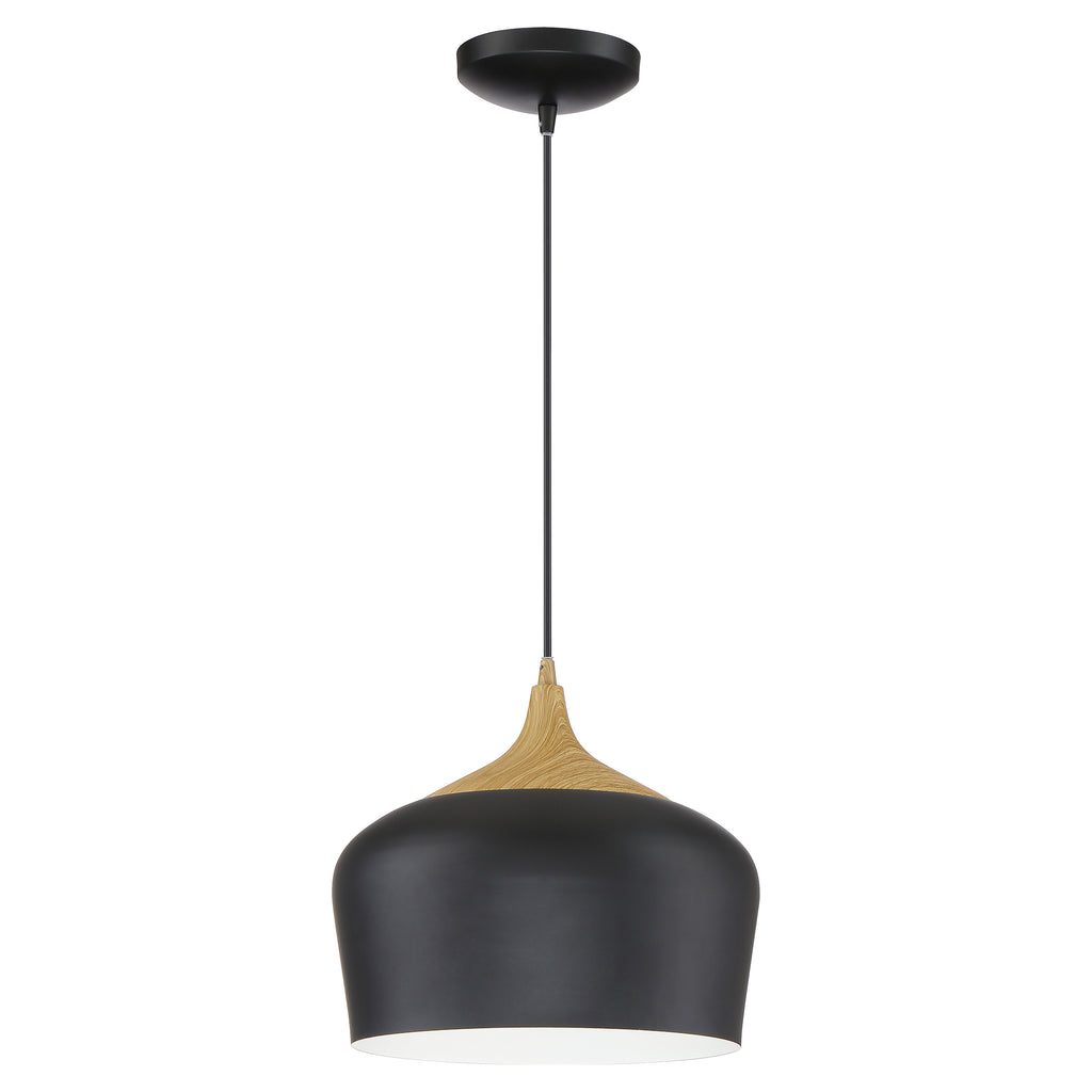 The Blend Pendant by Access Lighting features a wide, rounded shade in black with wood grain accents, suspended from a black cord and ceiling mount.