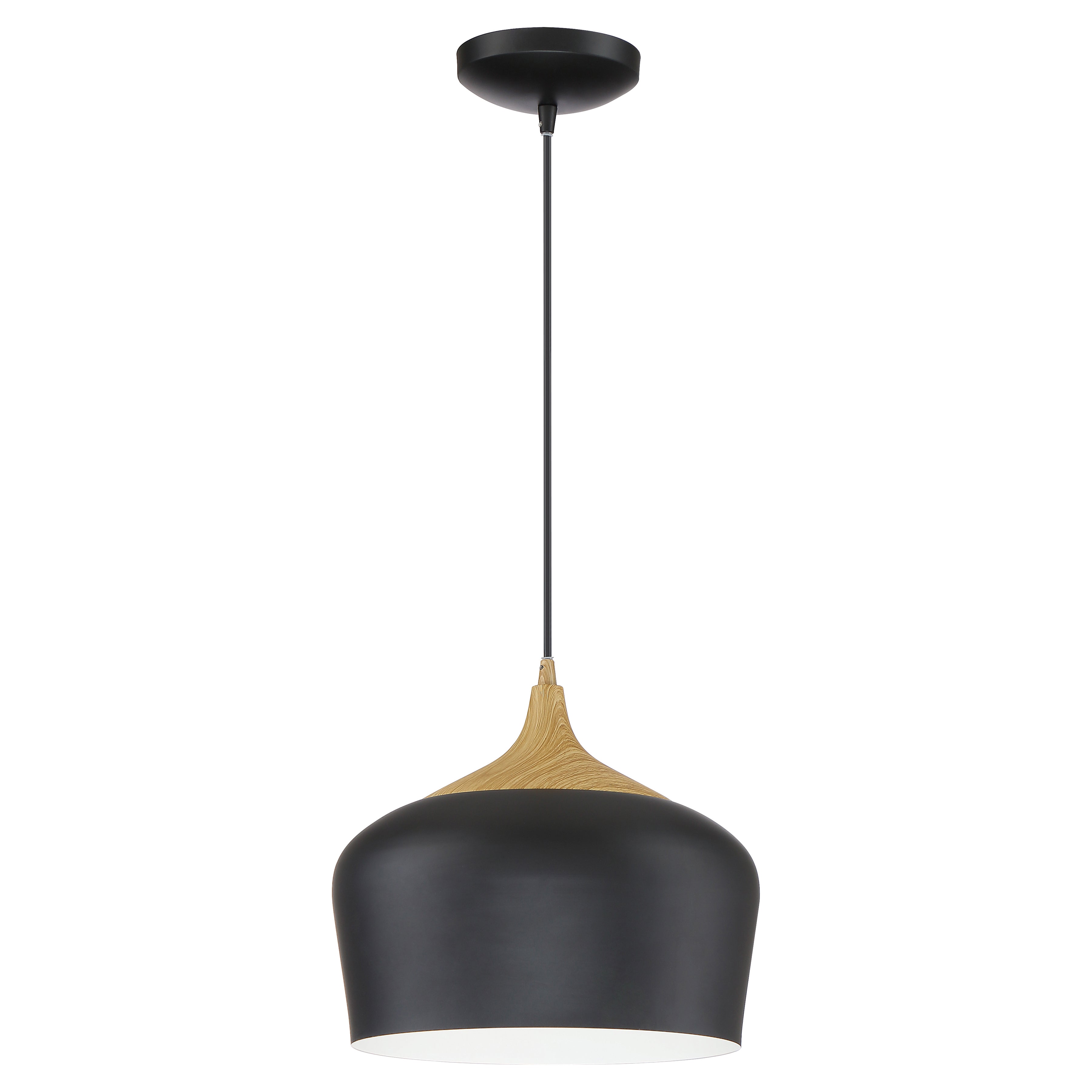 The Blend Pendant by Access Lighting features a wide, rounded shade in black with wood grain accents, suspended from a black cord and ceiling mount.