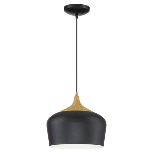 The Blend Pendant by Access Lighting features a wide, rounded shade in black with wood grain accents, suspended from a black cord and ceiling mount.