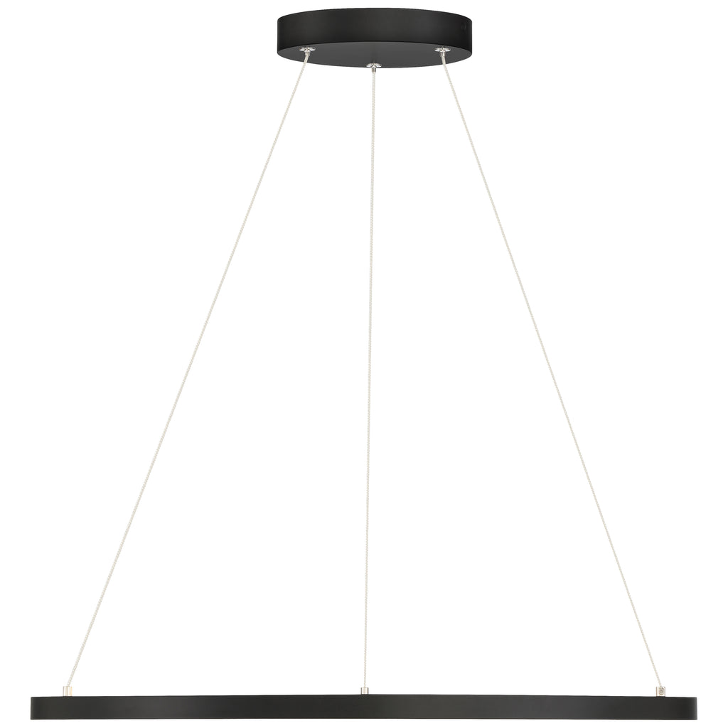 The Anello Dual Voltage LED Pendant by Access Lighting features a modern matte black circular design, suspended by three supporting cables from a round black ceiling mount, shown against a white background.