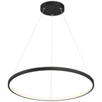 The Anello Dual Voltage LED Pendant by Access Lighting features a modern matte black circular design, suspended from the ceiling by three thin wires attached to a round ceiling mount. The fixture measures 23.5 inches in diameter.