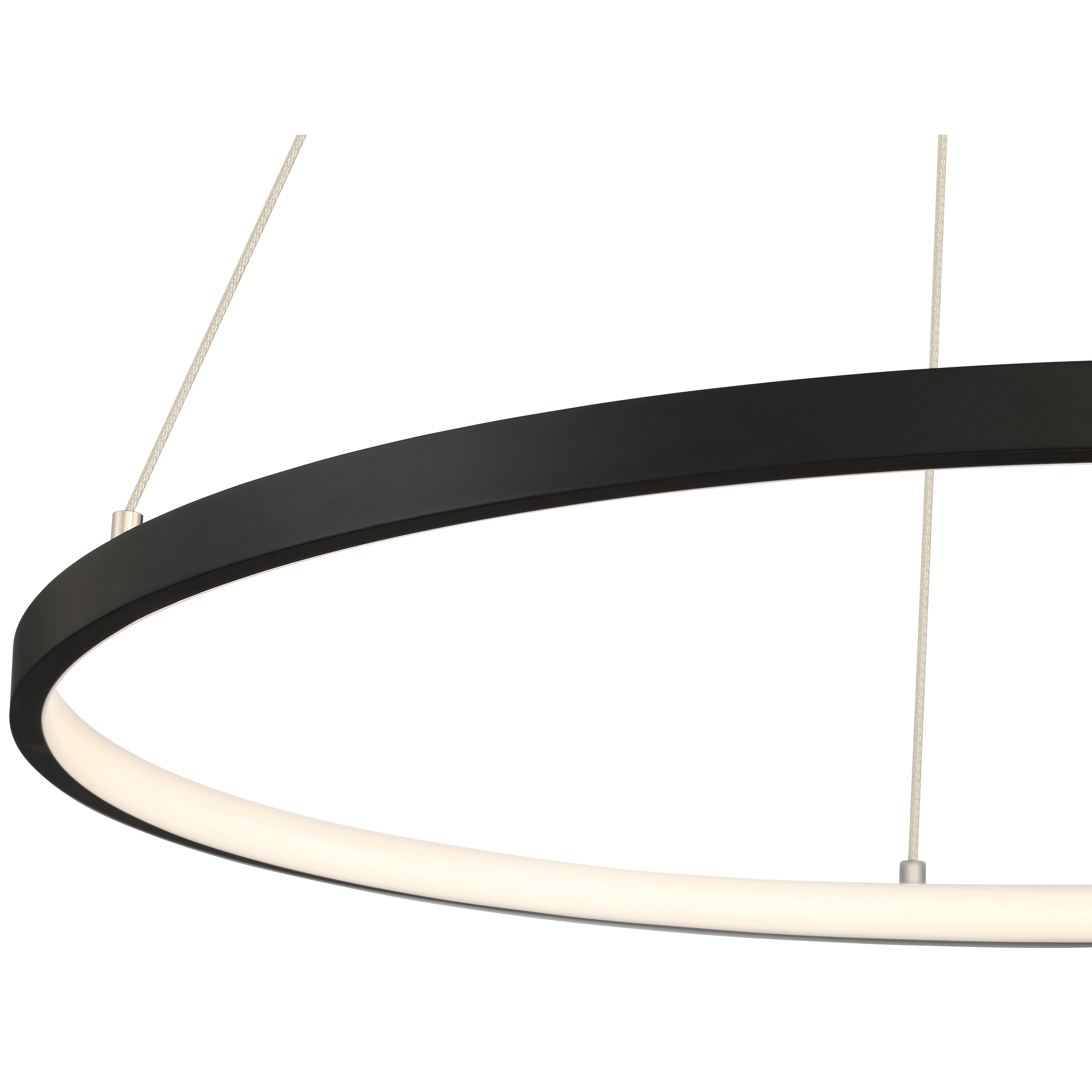 Close-up of the Anello Dual Voltage LED Pendant by Access Lighting, featuring a 23.5″ matte black circular frame and integrated LED, suspended by three cables.