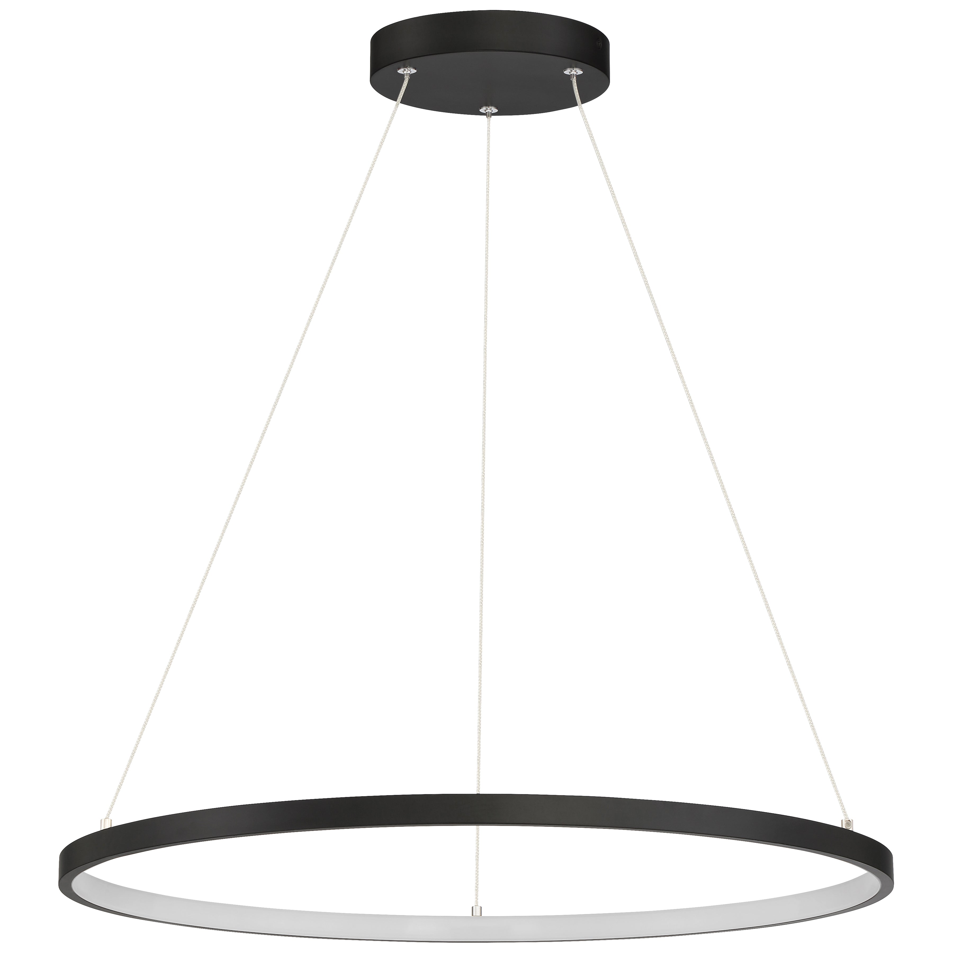 The Anello Dual Voltage LED Pendant by Access Lighting features a modern circular design with a matte black frame, suspended from the ceiling by four slim wires connected to a round ceiling mount.