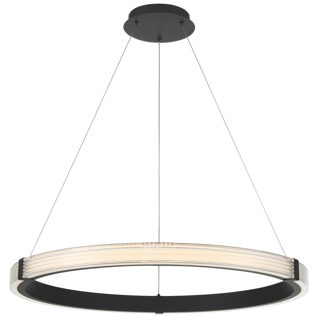 The Panache 3CCT LED Pendant by Access Lighting features a modern circular design with a matte black frame, elegantly suspended by three slender wires from a matching round black ceiling mount.
