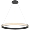The Panache 3CCT LED Pendant by Access Lighting features a modern circular design with a matte black frame, elegantly suspended by three slender wires from a matching round black ceiling mount.
