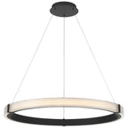 The Panache 3CCT LED Pendant by Access Lighting features a modern circular design with a matte black frame, elegantly suspended by three slender wires from a matching round black ceiling mount.