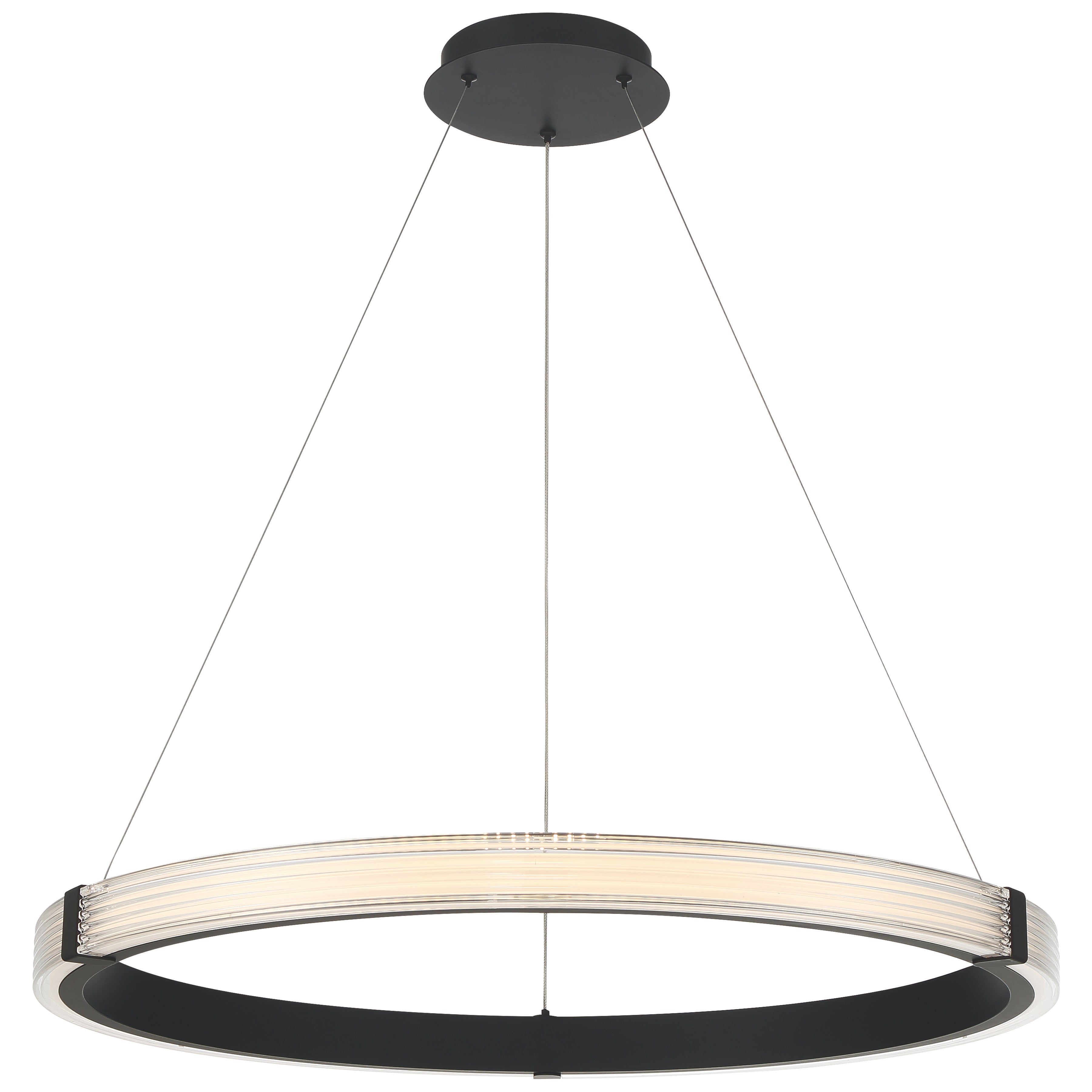 The Panache 3CCT LED Pendant by Access Lighting features a modern circular design with a matte black frame, elegantly suspended by three slender wires from a matching round black ceiling mount.