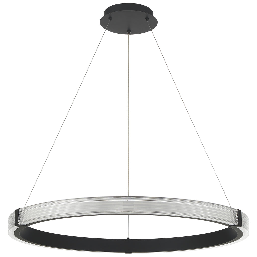 The Panache 3CCT LED Pendant by Access Lighting features a modern circular design with a matte black ceiling mount, three supporting wires, and a translucent ring-shaped fixture.