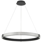 The Panache 3CCT LED Pendant by Access Lighting features a modern circular design with a matte black ceiling mount, three supporting wires, and a translucent ring-shaped fixture.