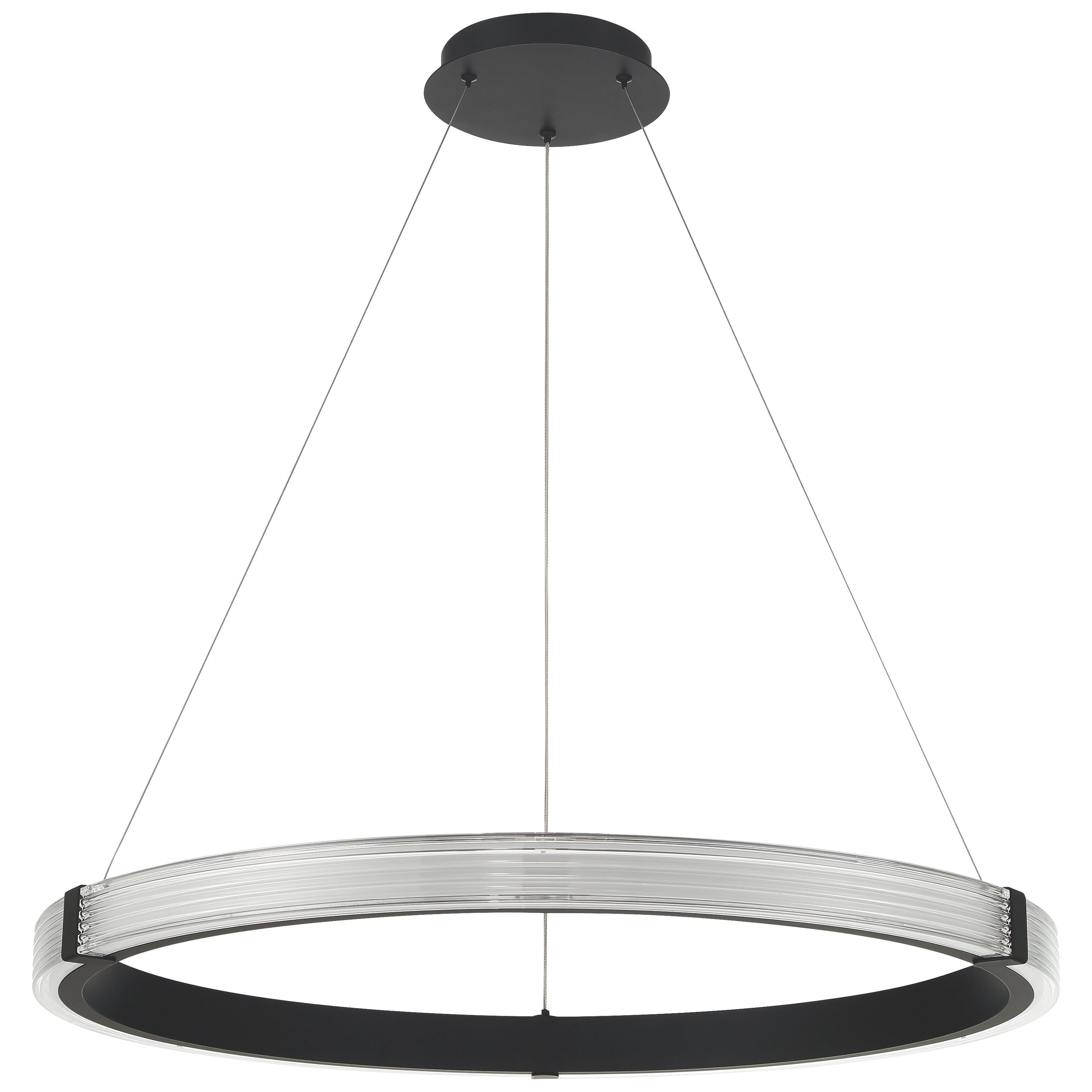 The Panache 3CCT LED Pendant by Access Lighting features a modern circular design with a matte black ceiling mount, three supporting wires, and a translucent ring-shaped fixture.