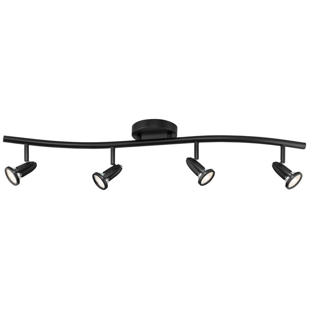 The Access Lighting Cobra 4 Light Adjustable LED Track is a black ceiling-mounted fixture featuring four adjustable spotlights attached to a curved bar.