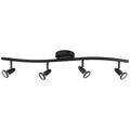 The Access Lighting Cobra 4 Light Adjustable LED Track is a black ceiling-mounted fixture featuring four adjustable spotlights attached to a curved bar.