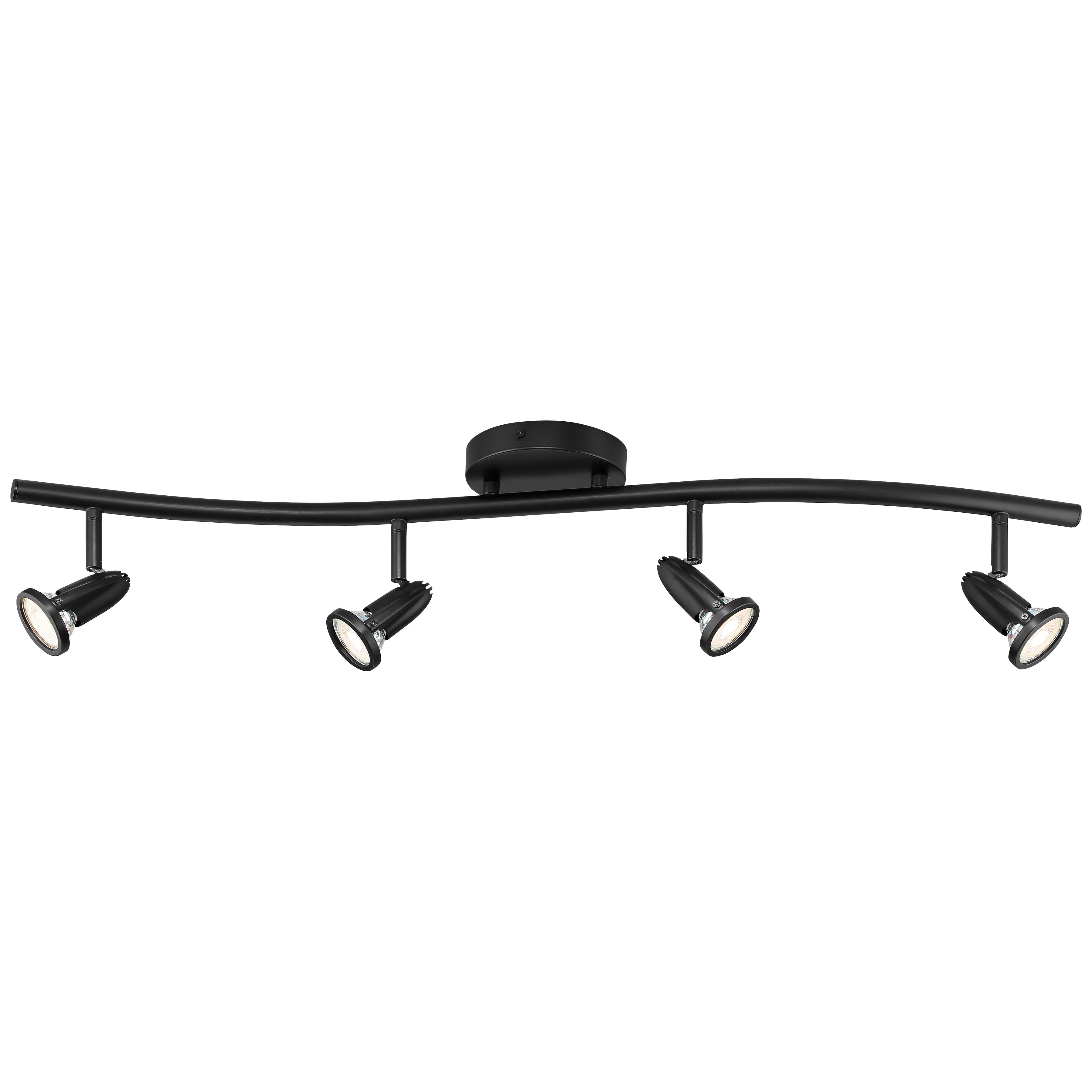 The Access Lighting Cobra 4 Light Adjustable LED Track is a black ceiling-mounted fixture featuring four adjustable spotlights attached to a curved bar.