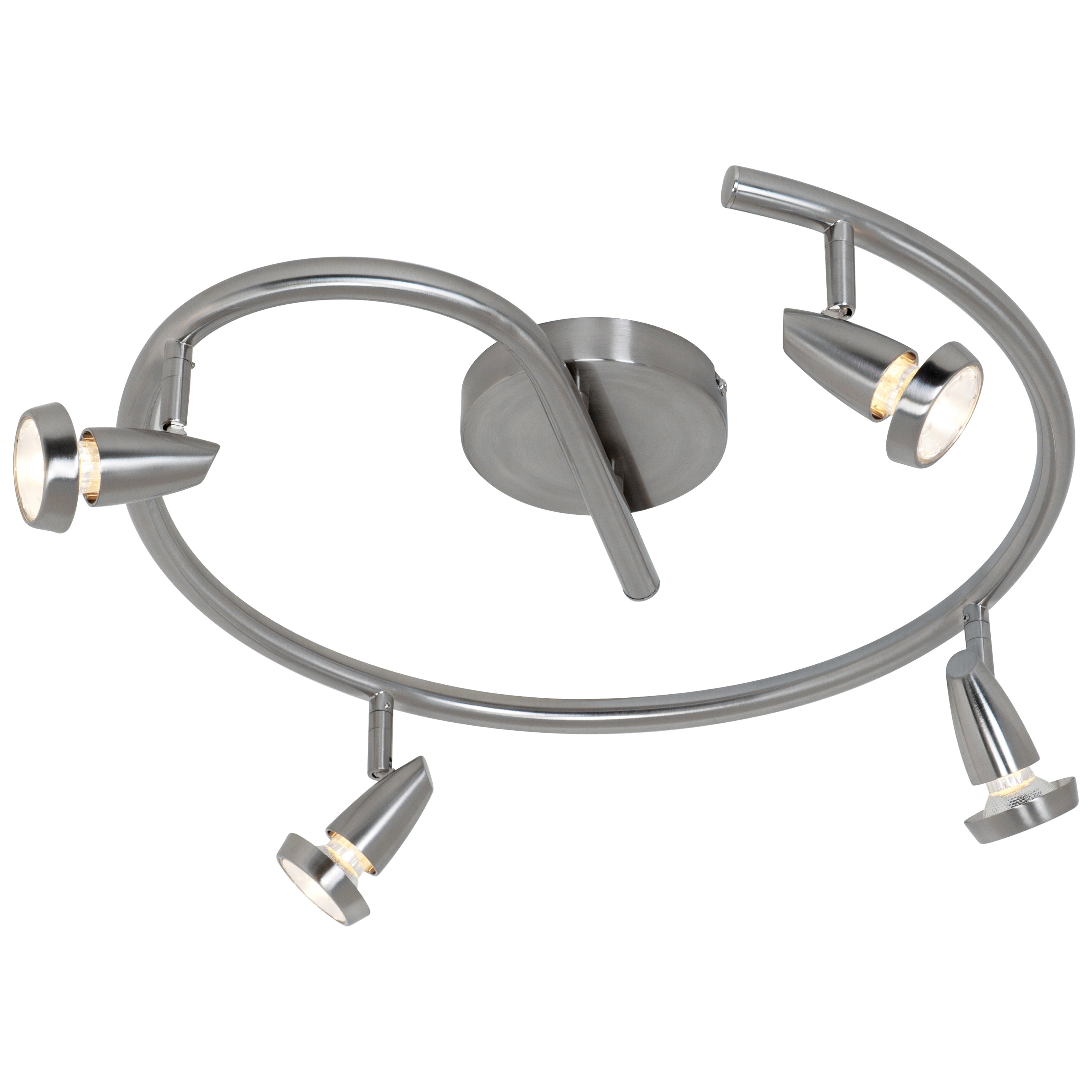The Mirage 4 Light Adjustable Track by Access Lighting features four adjustable spotlights mounted on a circular metal frame, finished in brushed steel.