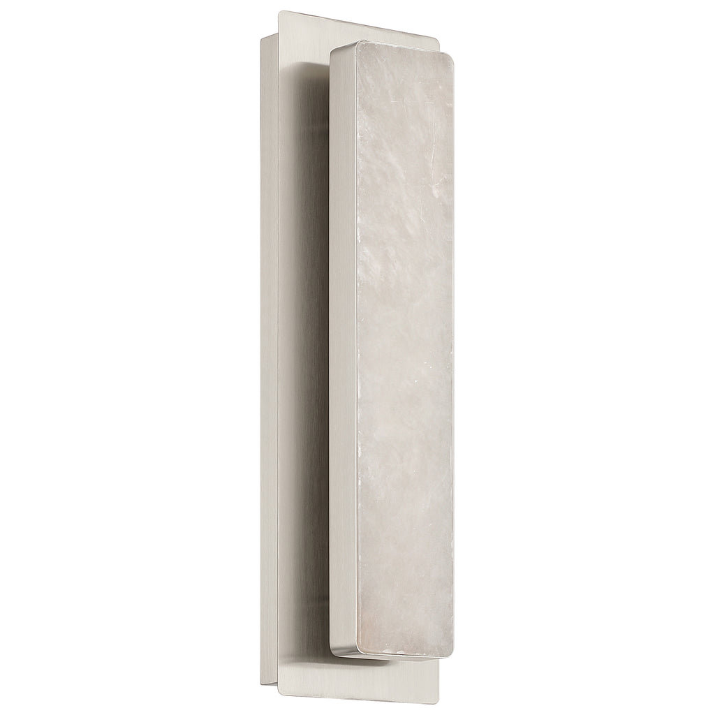 The Ada 5CCT LED Wall Sconce by Access Lighting features a rectangular modern design with a brushed steel finish and a frosted, vertically oriented light panel.