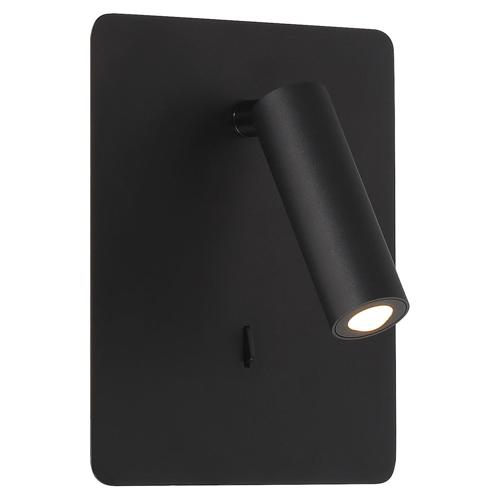 The Villa LED Reading Light by Access Lighting features a matte black rectangular wall-mounted design with a cylindrical adjustable spotlight and a small switch positioned below the light.