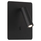 The Villa LED Reading Light by Access Lighting features a matte black rectangular wall-mounted design with a cylindrical adjustable spotlight and a small switch positioned below the light.