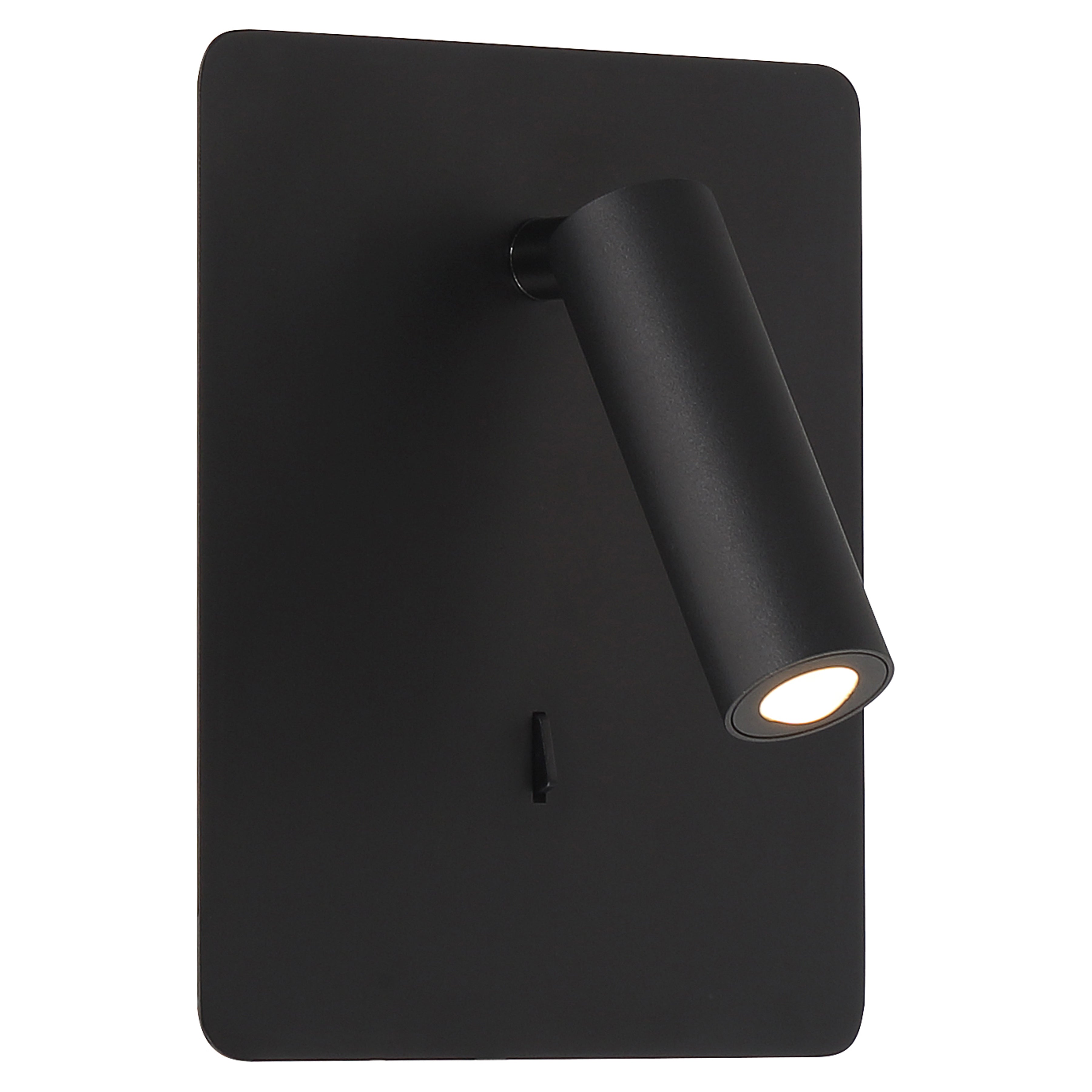 The Villa LED Reading Light by Access Lighting features a matte black rectangular wall-mounted design with a cylindrical adjustable spotlight and a small switch positioned below the light.