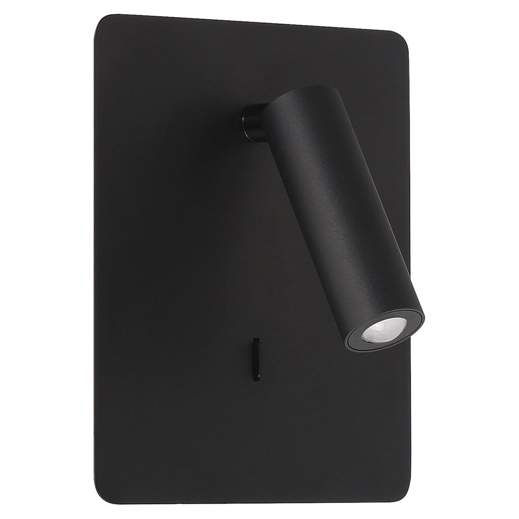 The Villa LED Reading Light by Access Lighting features a modern matte black finish, with a rectangular backplate and an adjustable cylindrical lamp for versatile illumination.