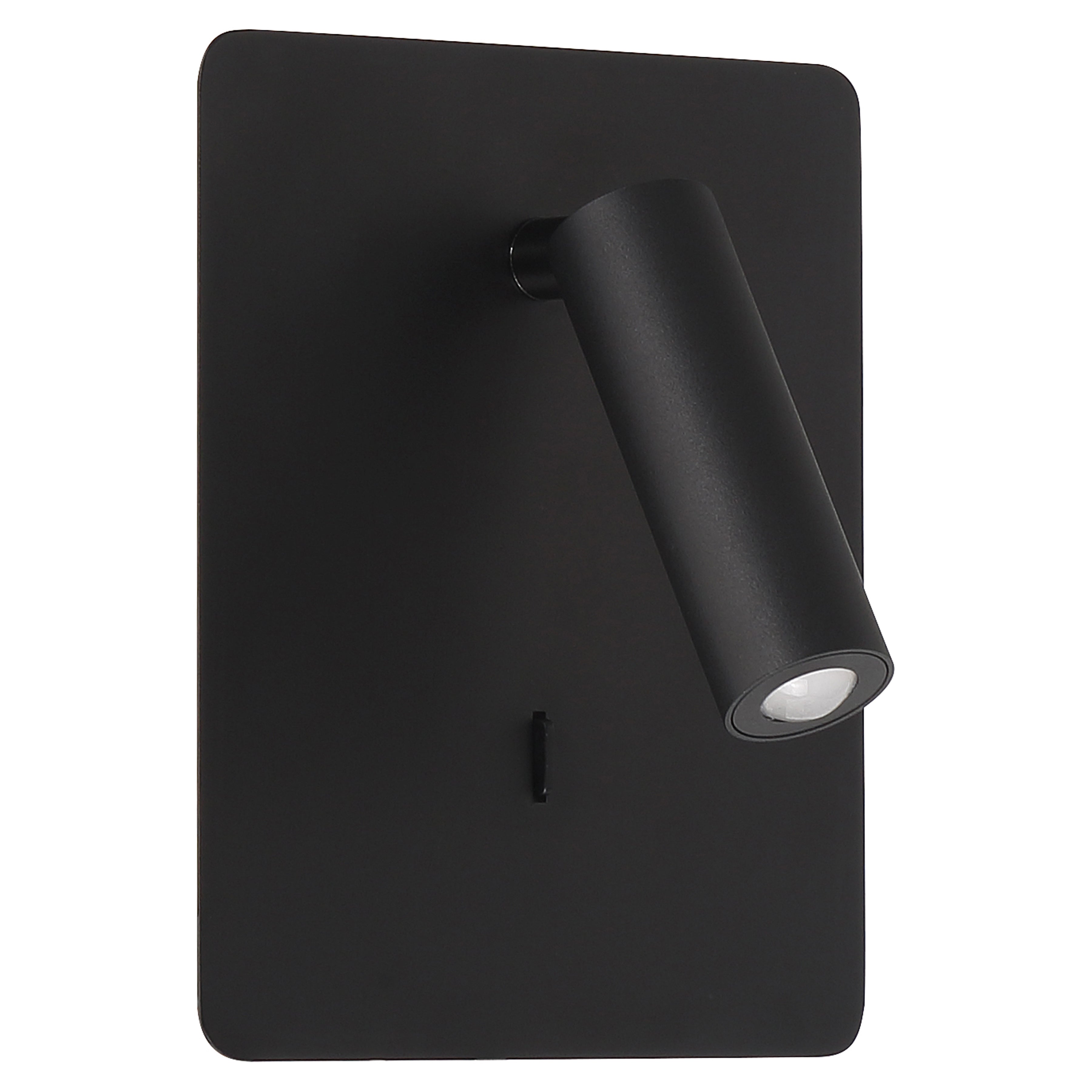 The Villa LED Reading Light by Access Lighting features a modern matte black finish, with a rectangular backplate and an adjustable cylindrical lamp for versatile illumination.