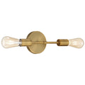 The Iconic 2 Light LED Wall Sconce by Access Lighting, featuring an antique brushed brass finish and two exposed bulbs, is mounted horizontally on a circular base against a white background.