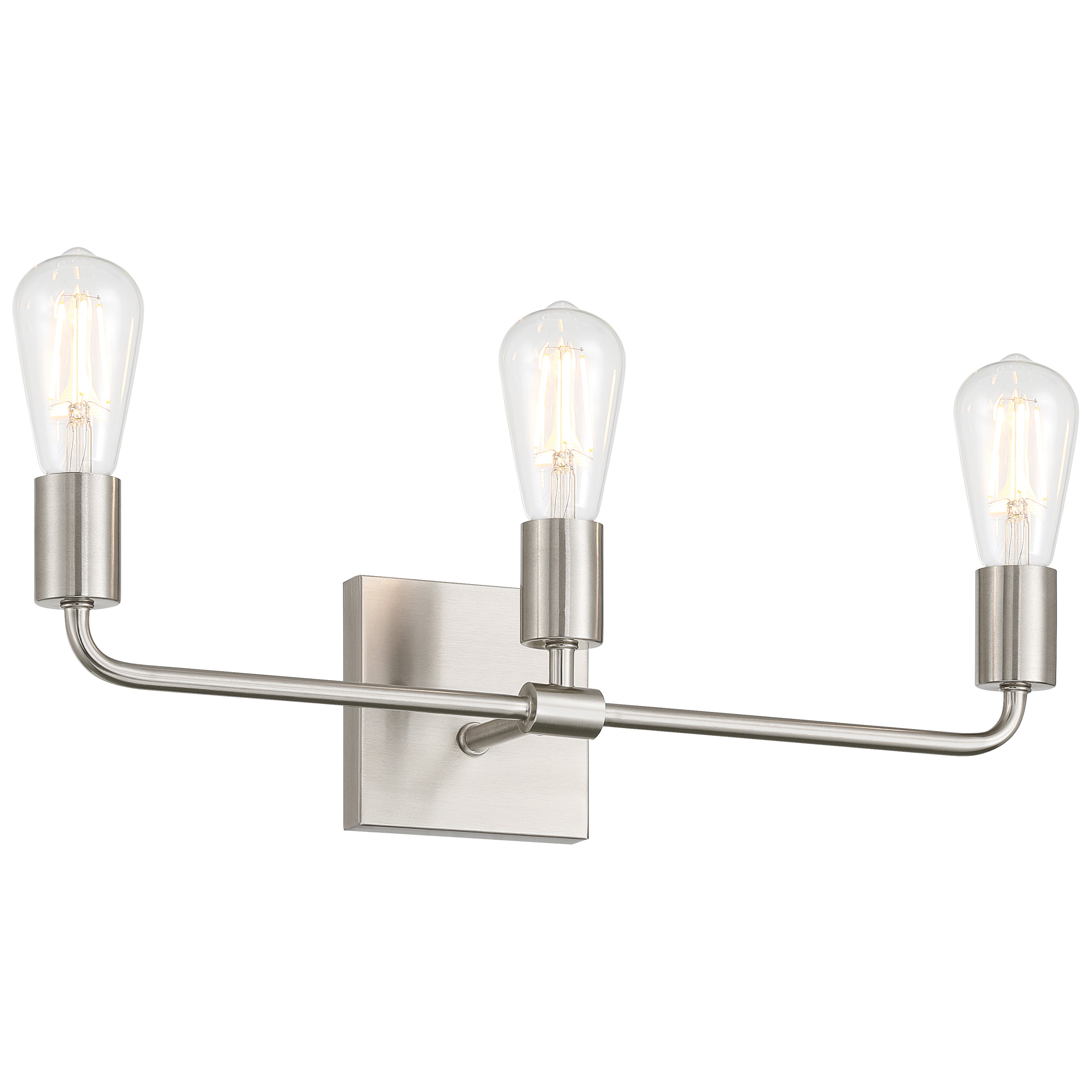 The Access Lighting Virgin 3 Light Vanity in brushed steel showcases an industrial design with three exposed bulbs mounted on a rectangular base.