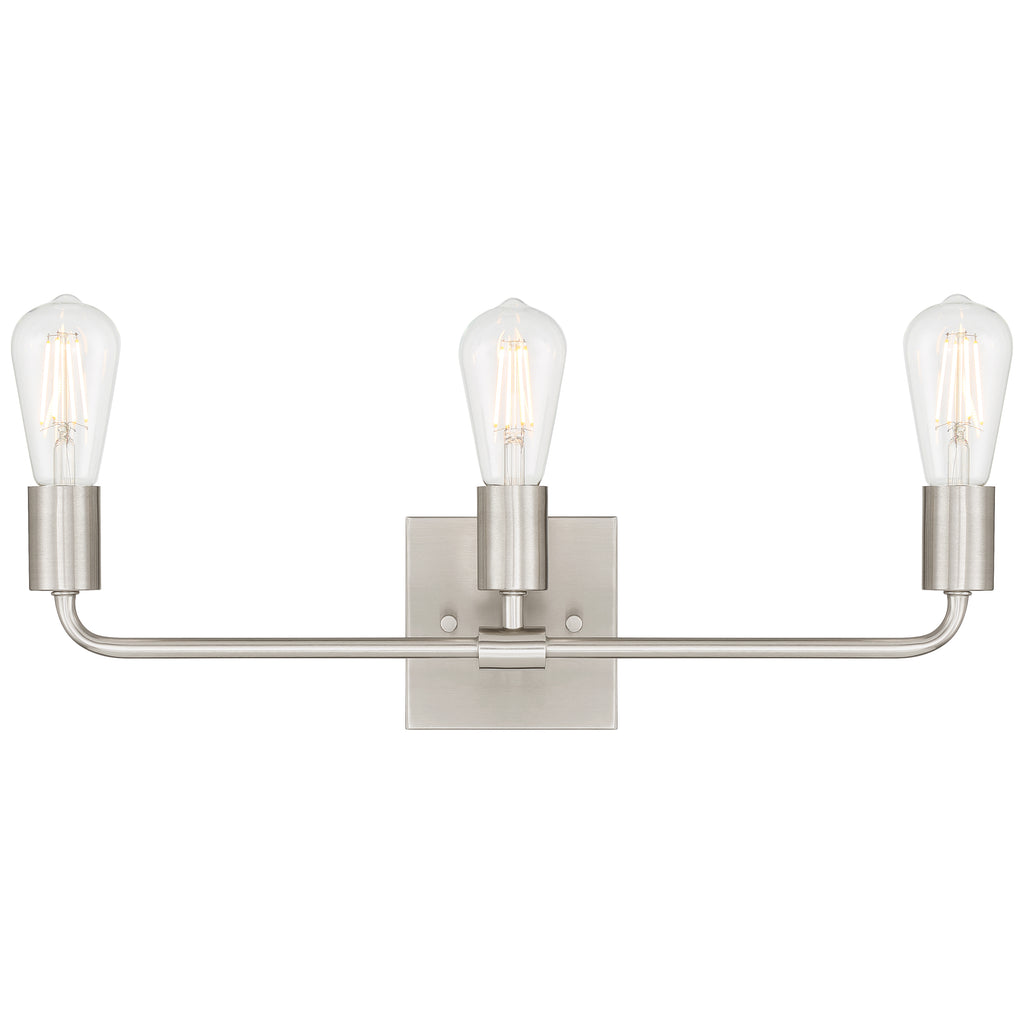 Virgin 3 Light Vanity by Access Lighting features three exposed filament bulbs and a brushed steel finish, mounted on a rectangular wall plate.