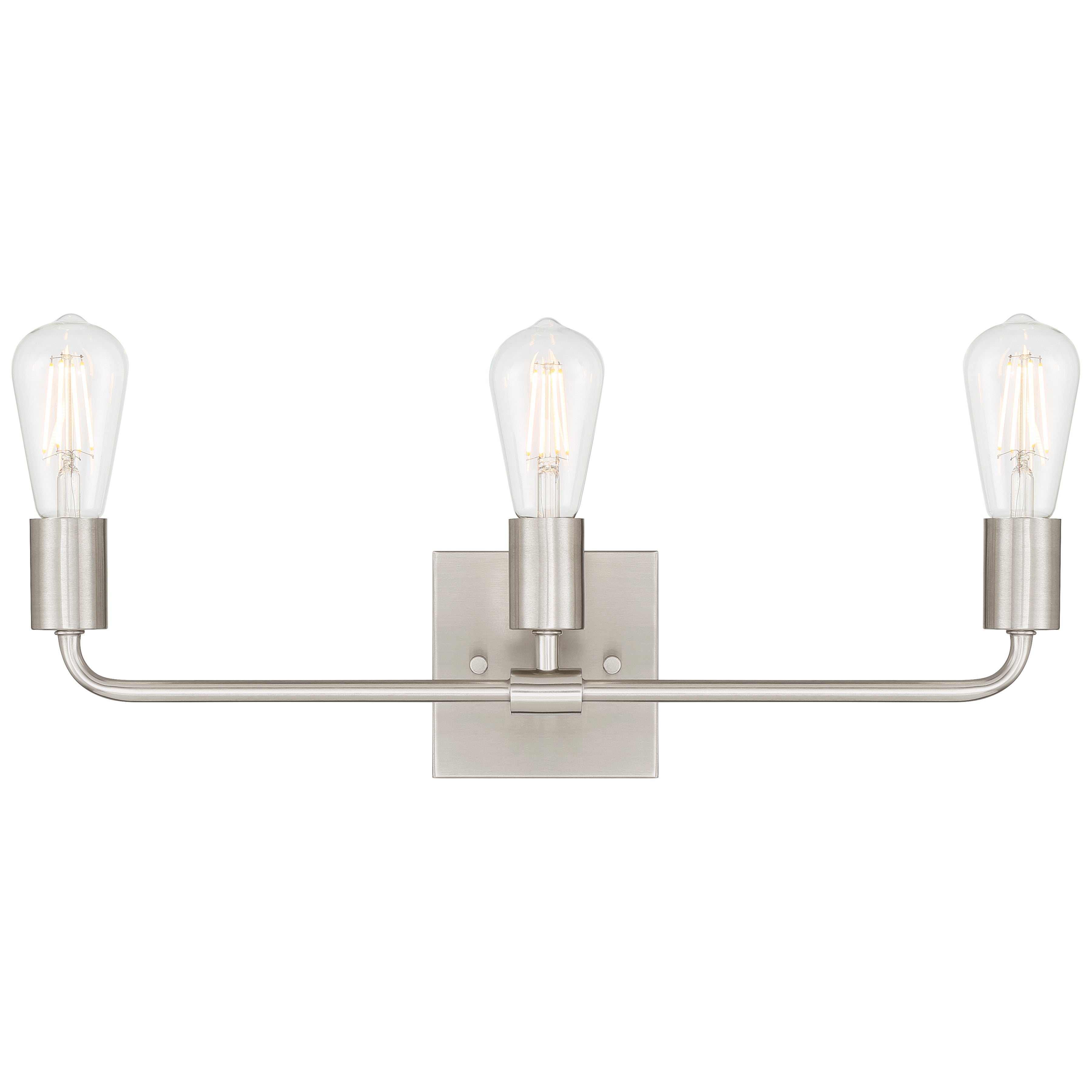 Virgin 3 Light Vanity by Access Lighting features three exposed filament bulbs and a brushed steel finish, mounted on a rectangular wall plate.