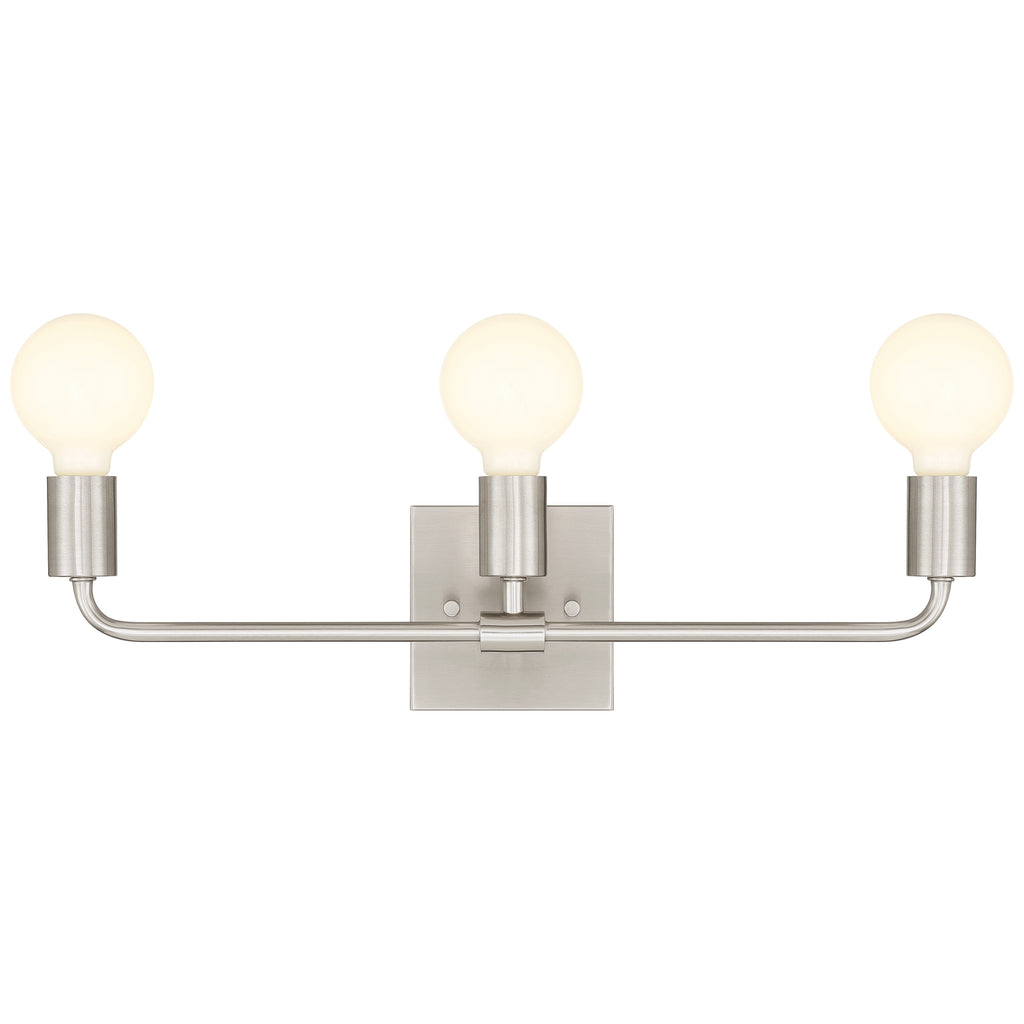 Virgin 3 Light Vanity by Access Lighting features a brushed steel finish and a square backplate. This fixture has two horizontal arms, each supporting round, exposed bulbs.