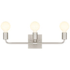 Virgin 3 Light Vanity by Access Lighting features a brushed steel finish and a square backplate. This fixture has two horizontal arms, each supporting round, exposed bulbs.