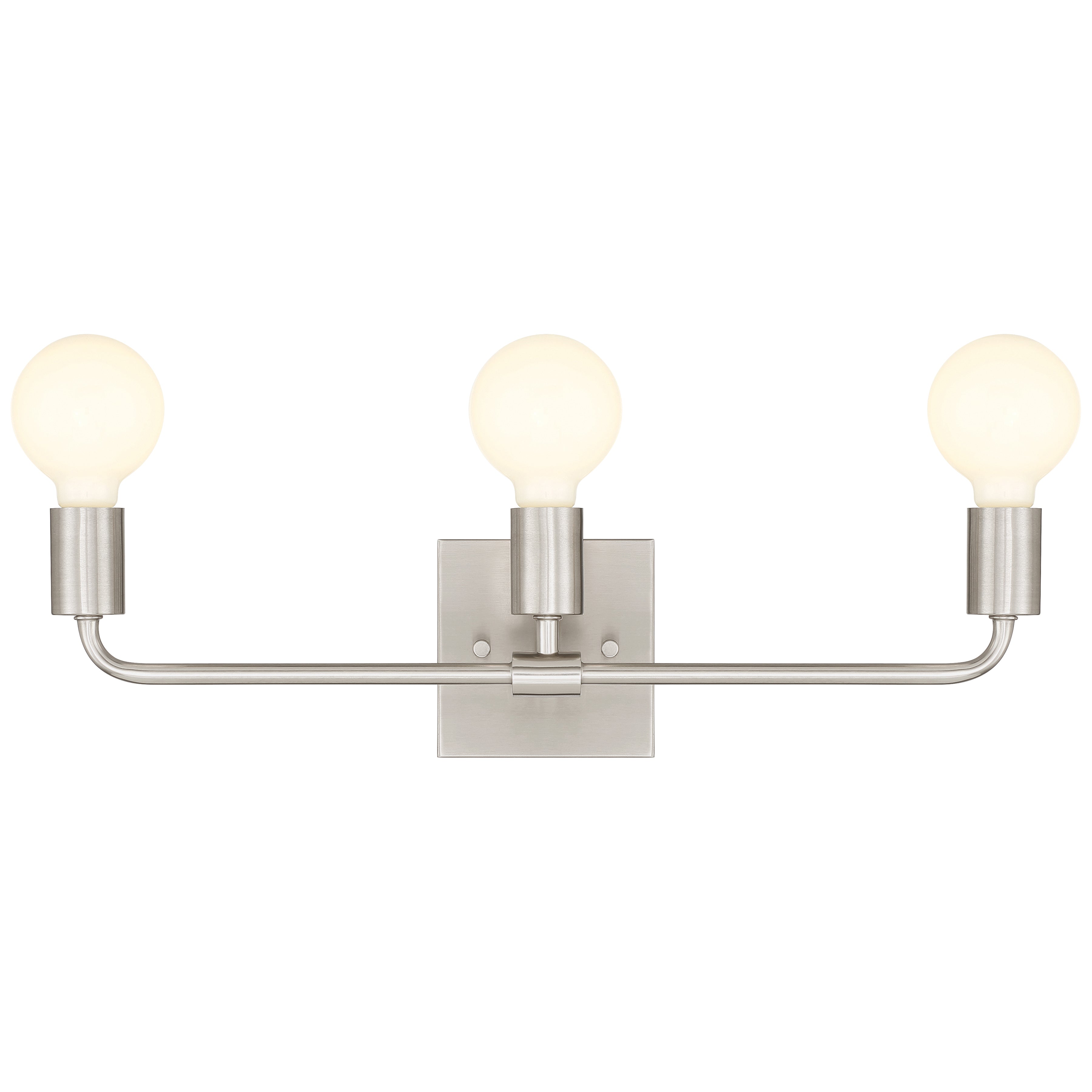 Virgin 3 Light Vanity by Access Lighting features a brushed steel finish and a square backplate. This fixture has two horizontal arms, each supporting round, exposed bulbs.
