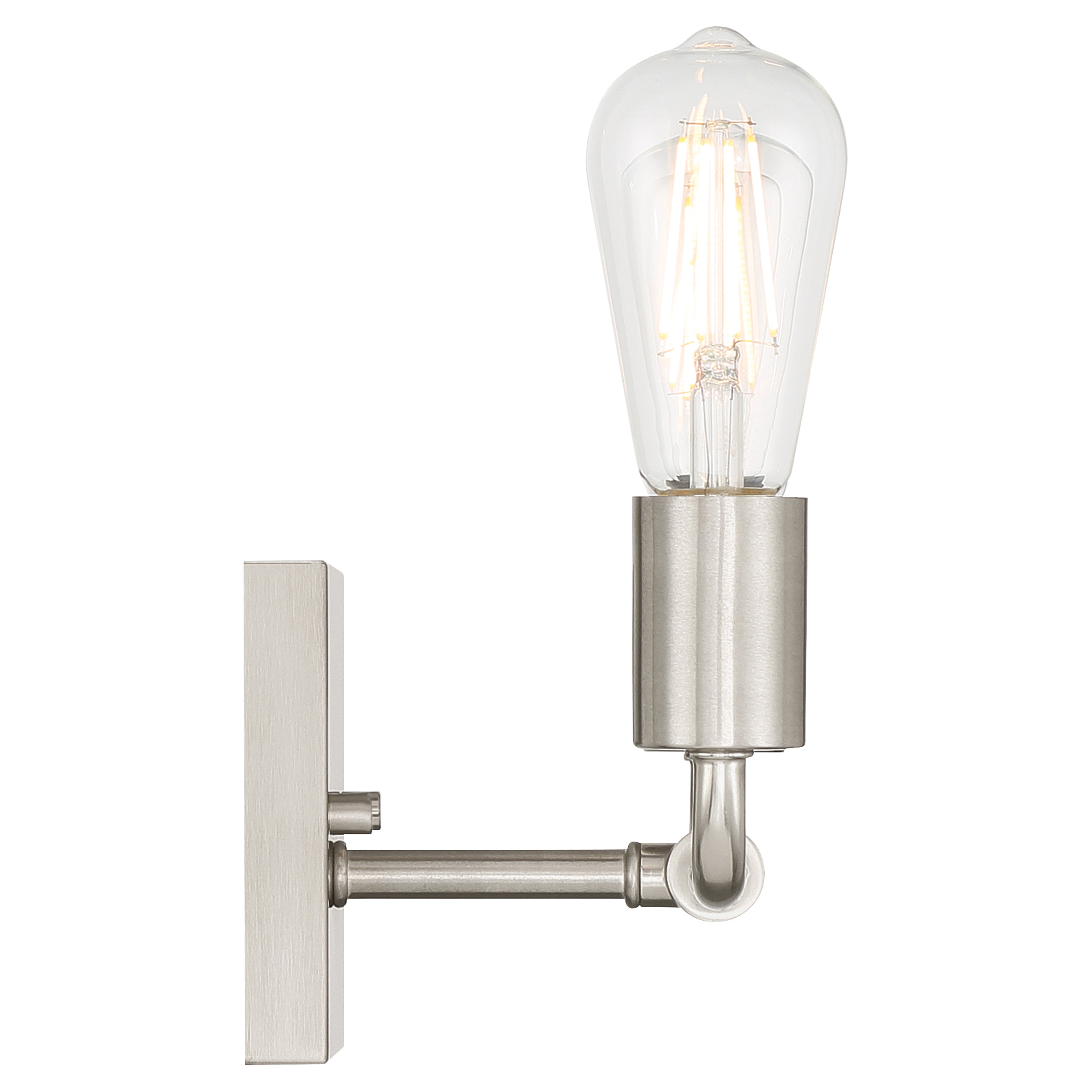 The Virgin 3 Light Vanity by Access Lighting features a brushed steel base and exposed Edison-style bulbs.